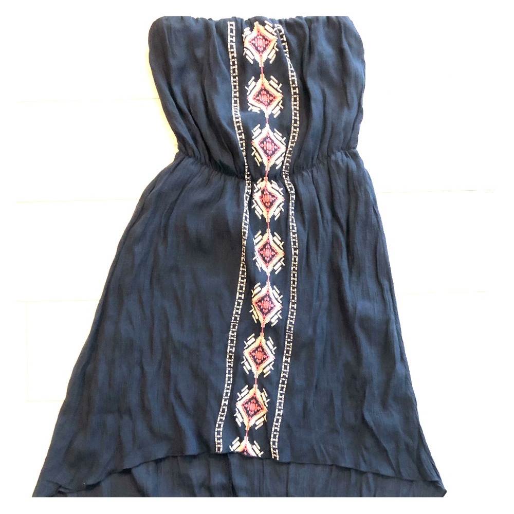 Strapless asymmetrical high low navy blue dress